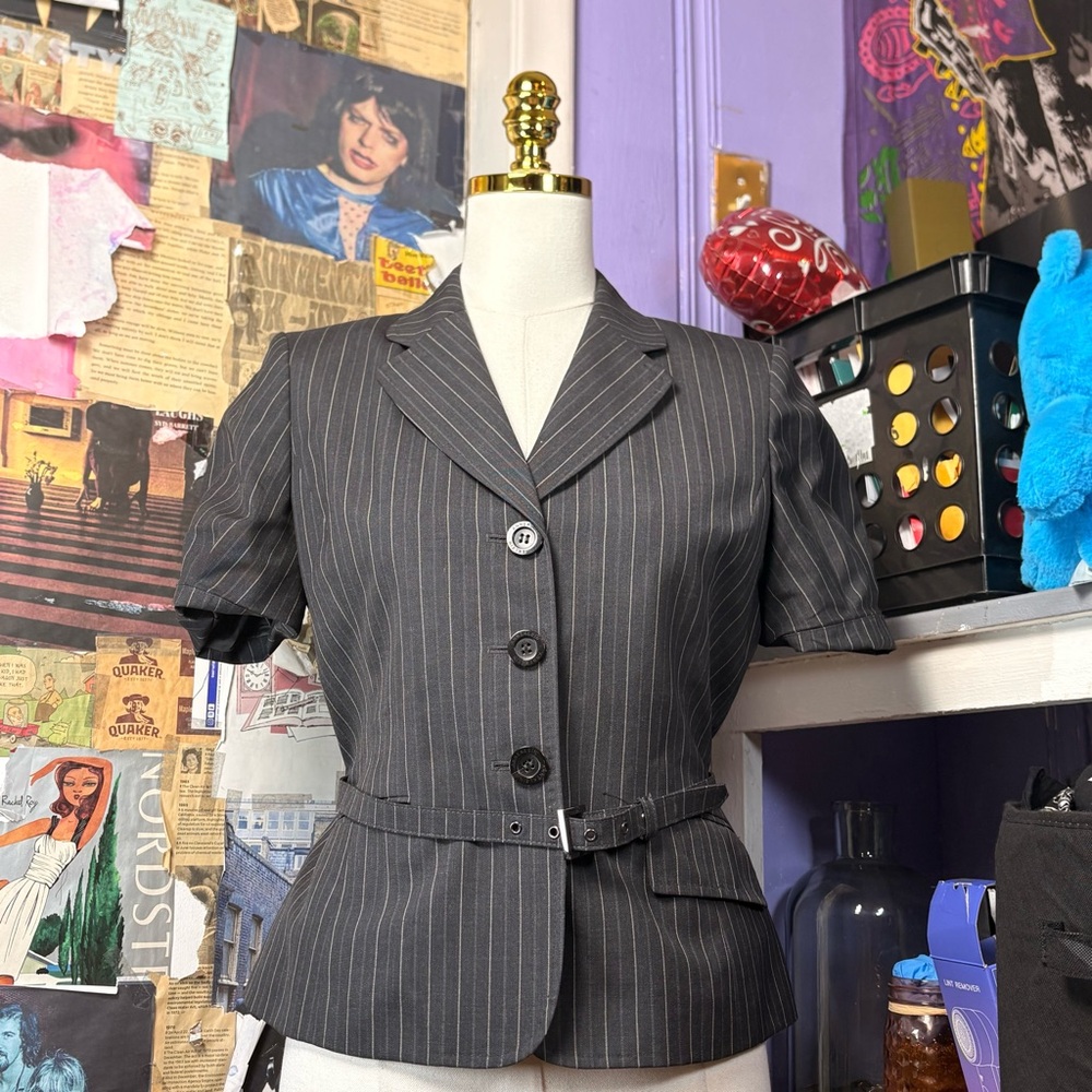 Anne Klein Pinstripe Belted Short Sleeve Blazer Top
